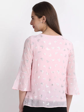 Women Pink Round Neck Printed Blouse
