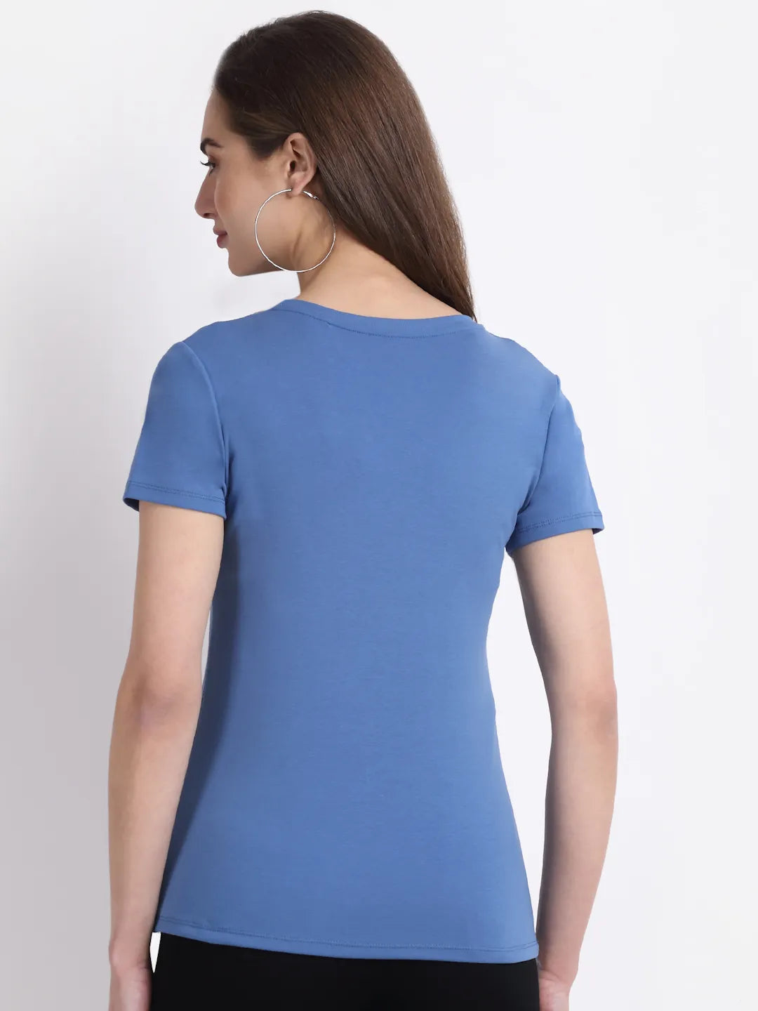 women blue round neck hosiery solid top