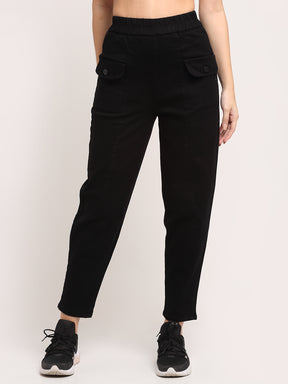 Women Black Cotton Solid Trouser