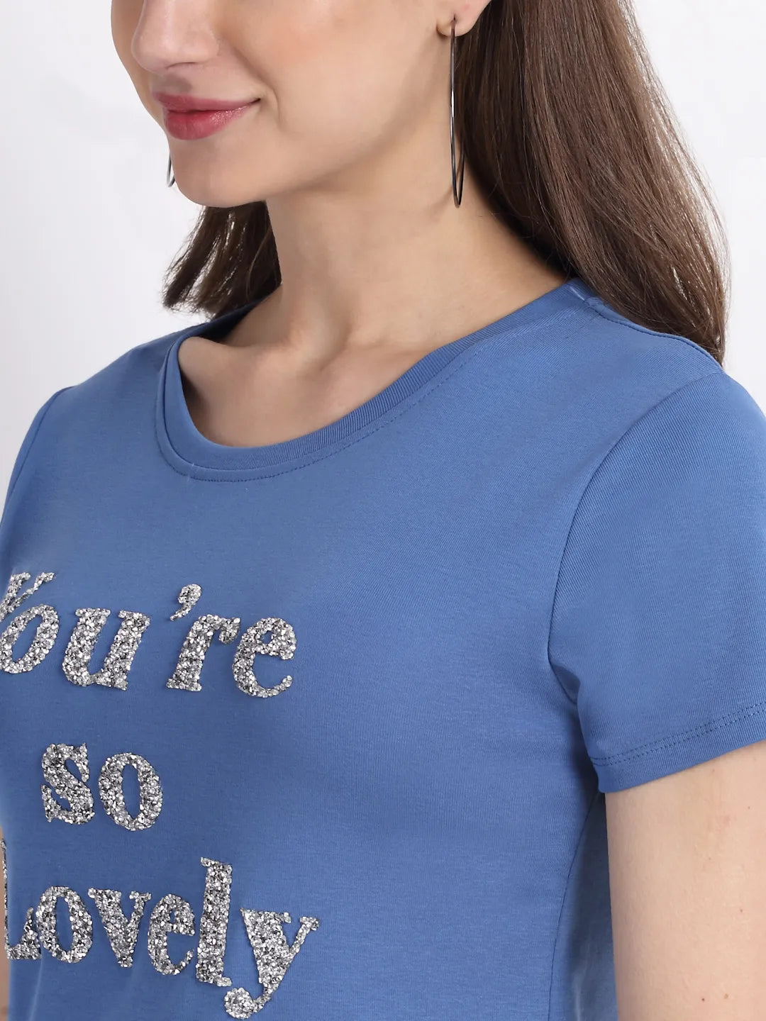 women blue round neck hosiery solid top