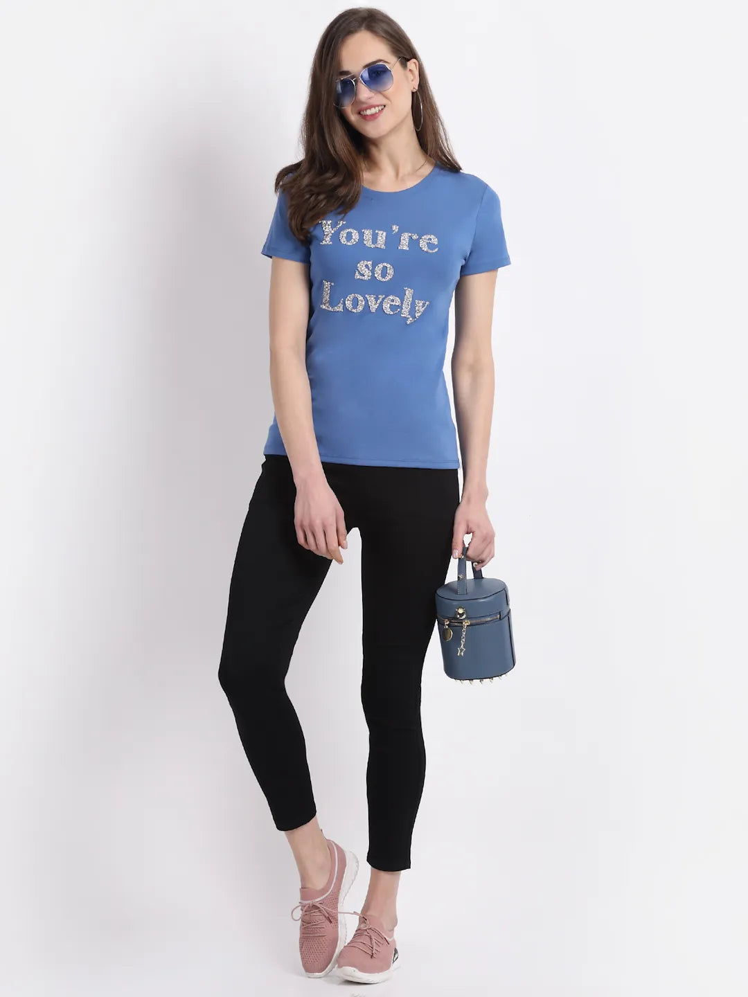 women blue round neck hosiery solid top