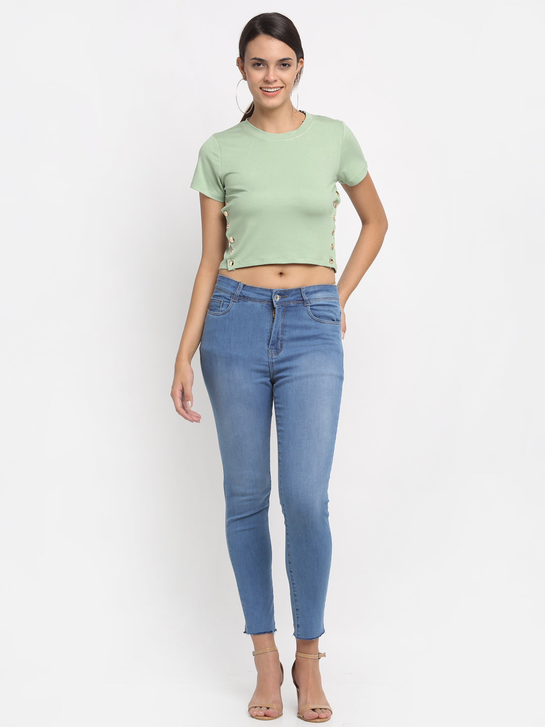 Women Skin Fit Cropped Blue Jeans
