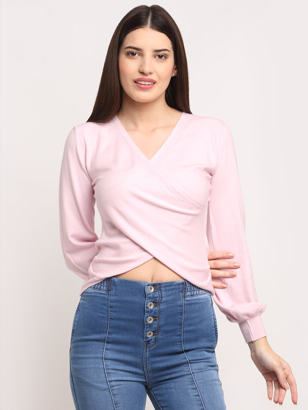Women Pink KNIT V- Neck Solid Pullover
