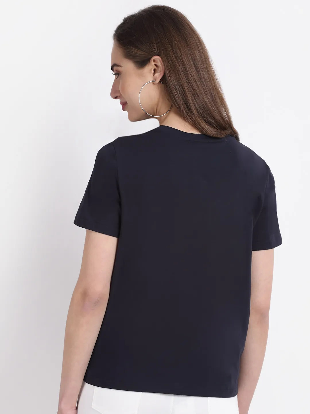 Women Navy Blue Round Neck Hosiery T-Shirt - Global Republic