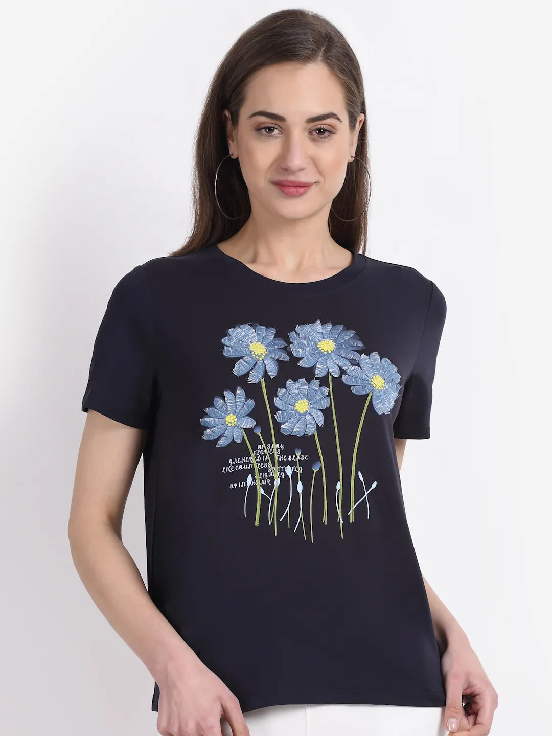 Women Navy Blue Round Neck Hosiery T-Shirt - Global Republic