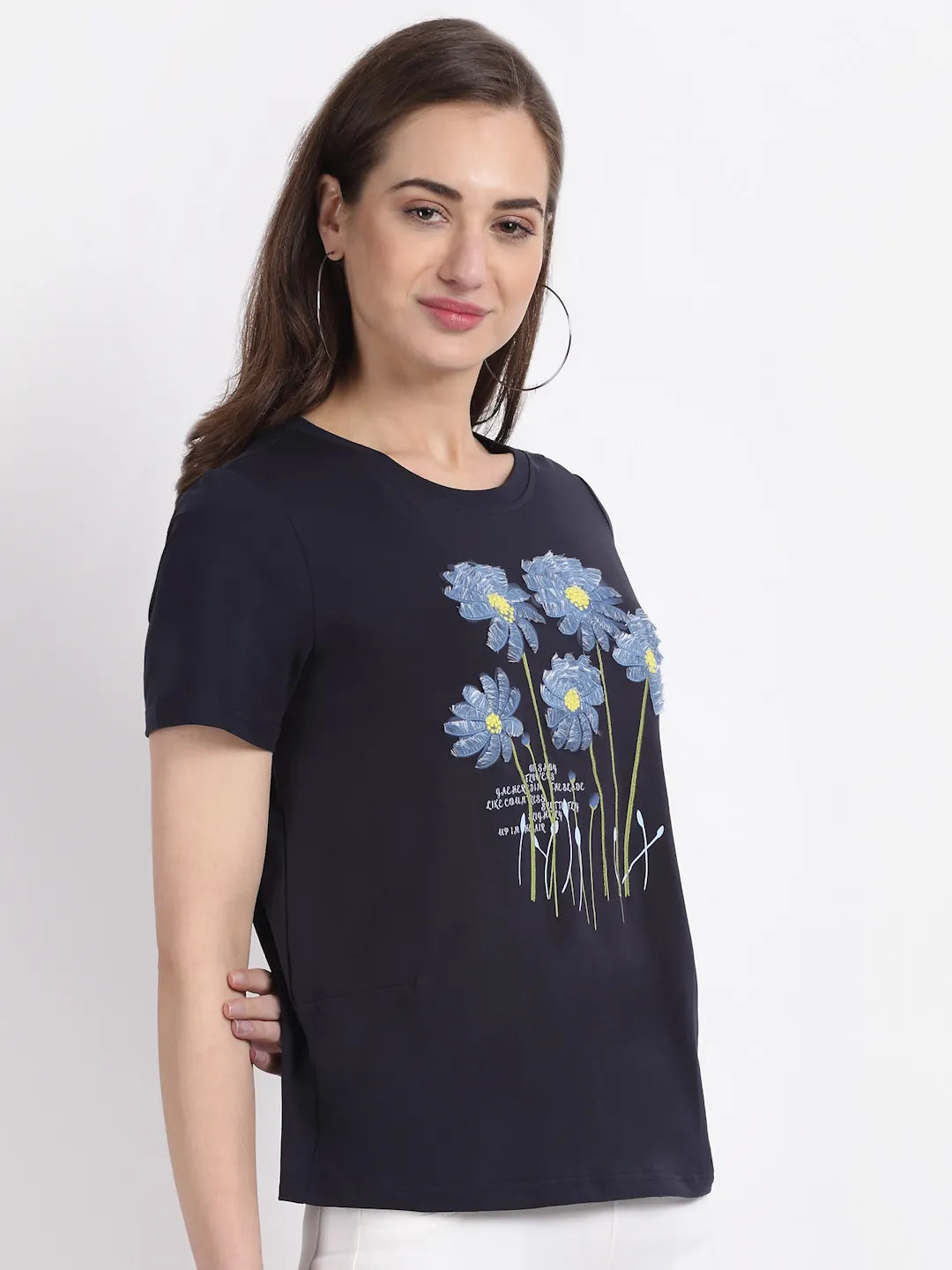 Women Navy Blue Round Neck Hosiery T-Shirt - Global Republic