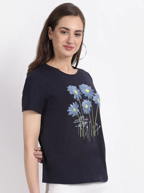 Women Navy Blue Round Neck Hosiery T-Shirt
