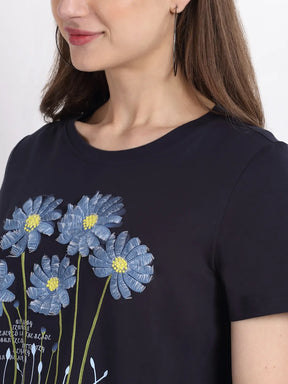 Women Navy Blue Round Neck Hosiery T-Shirt