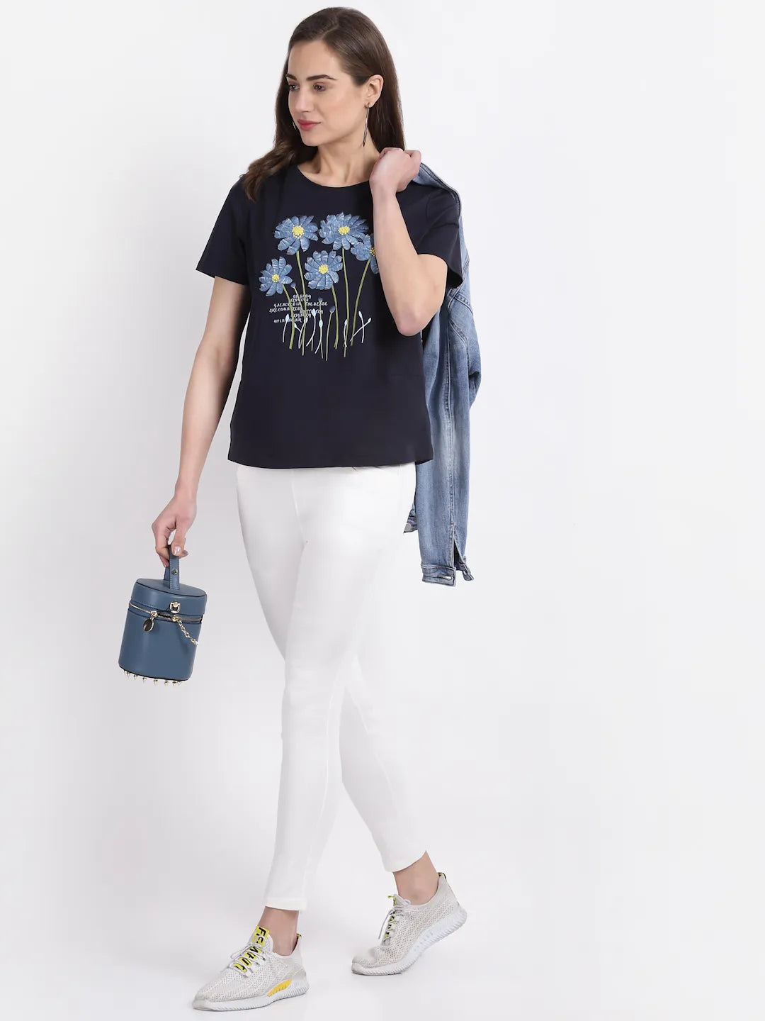 Women Navy Blue Round Neck Hosiery T-Shirt - Global Republic