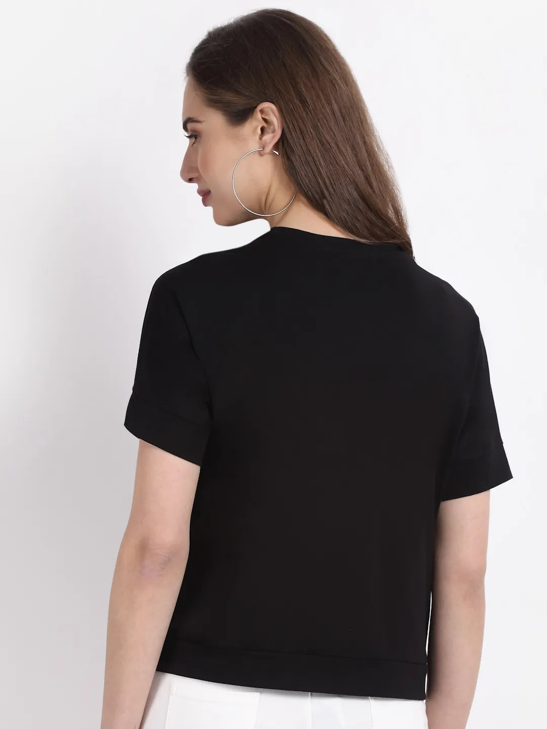 Women Solid Black Round Neck Hosiery Top - Global Republic