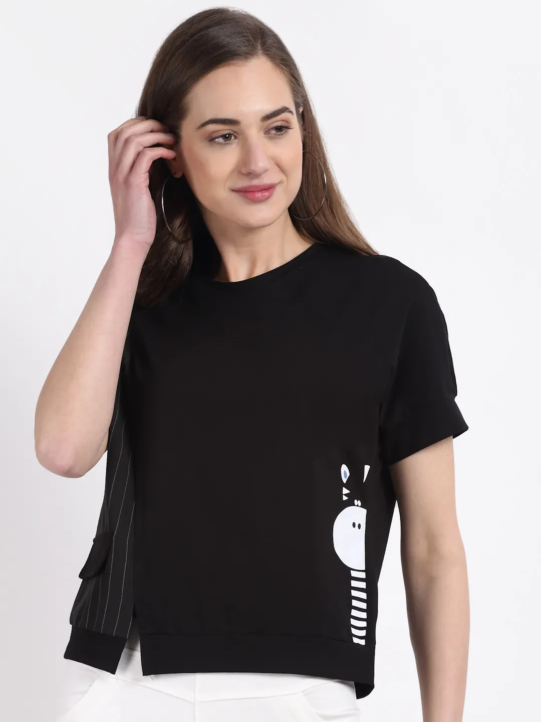 Women Solid Black Round Neck Hosiery Top - Global Republic