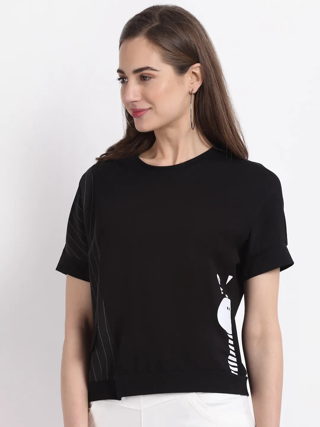 Women Solid Black Round Neck Hosiery Top - Global Republic