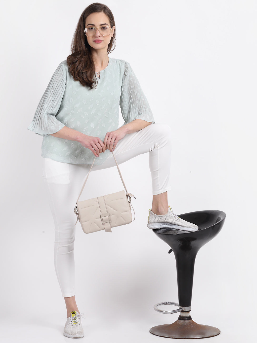 Women Round Neck Green Printed Blouson Top