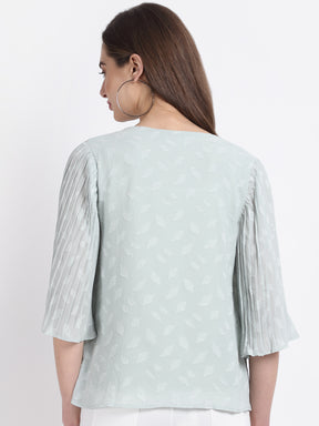 Women Round Neck Green Printed Blouson Top