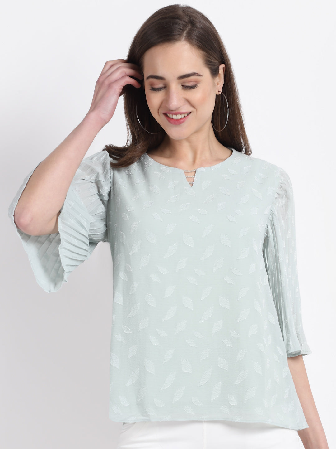 Women Round Neck Green Printed Blouson Top