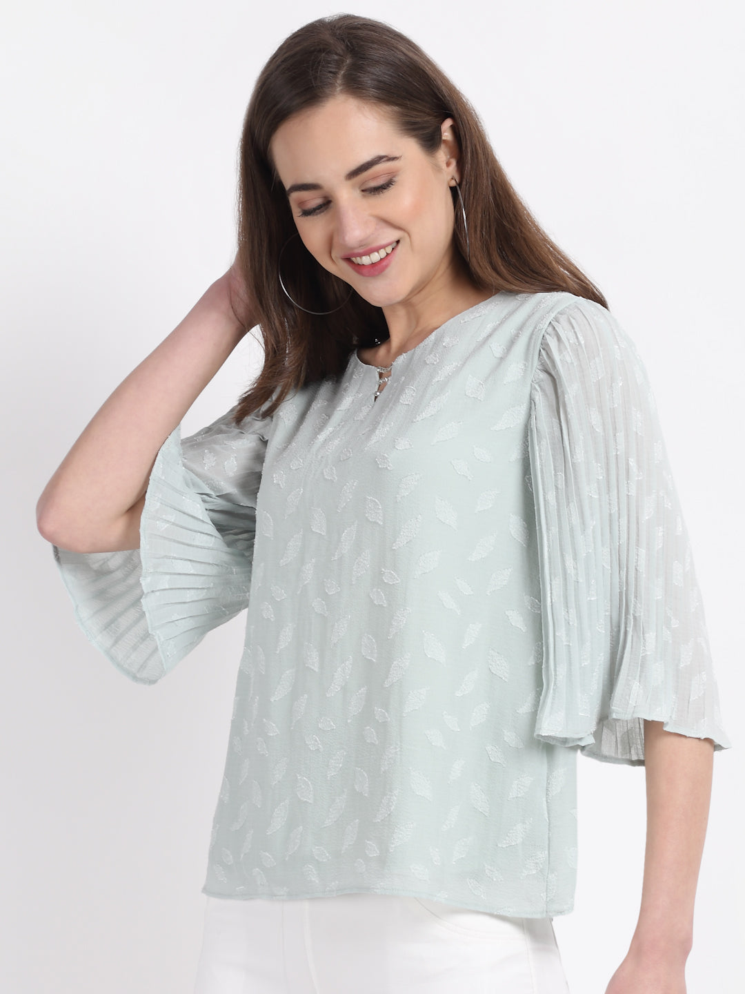 Women Round Neck Green Printed Blouson Top
