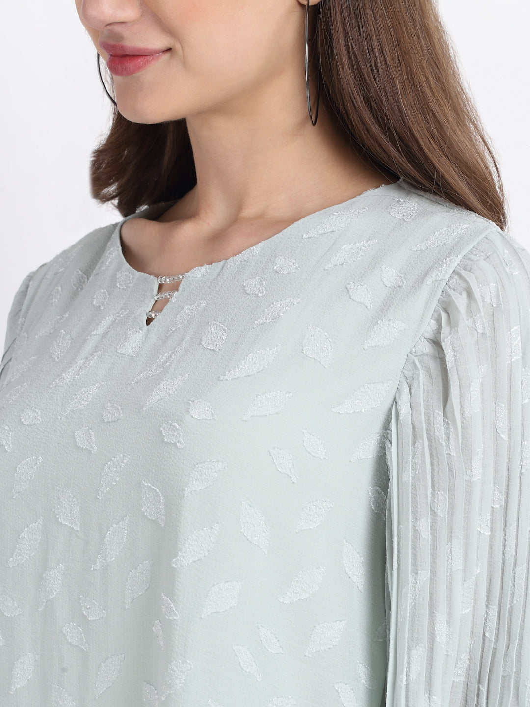 Women Round Neck Green Printed Blouson Top
