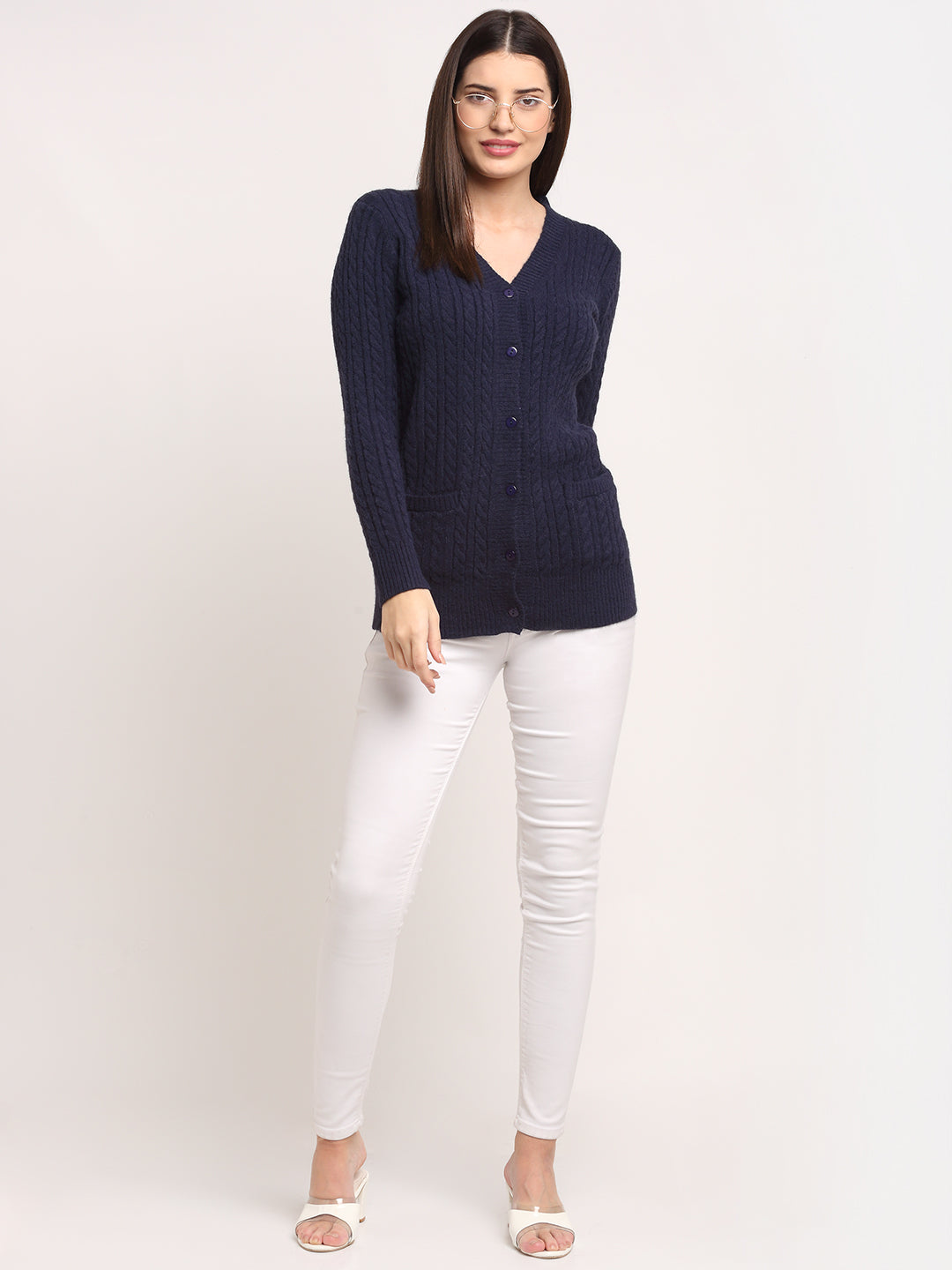 Women Navy Blue KNIT V- Neck  Cardigan