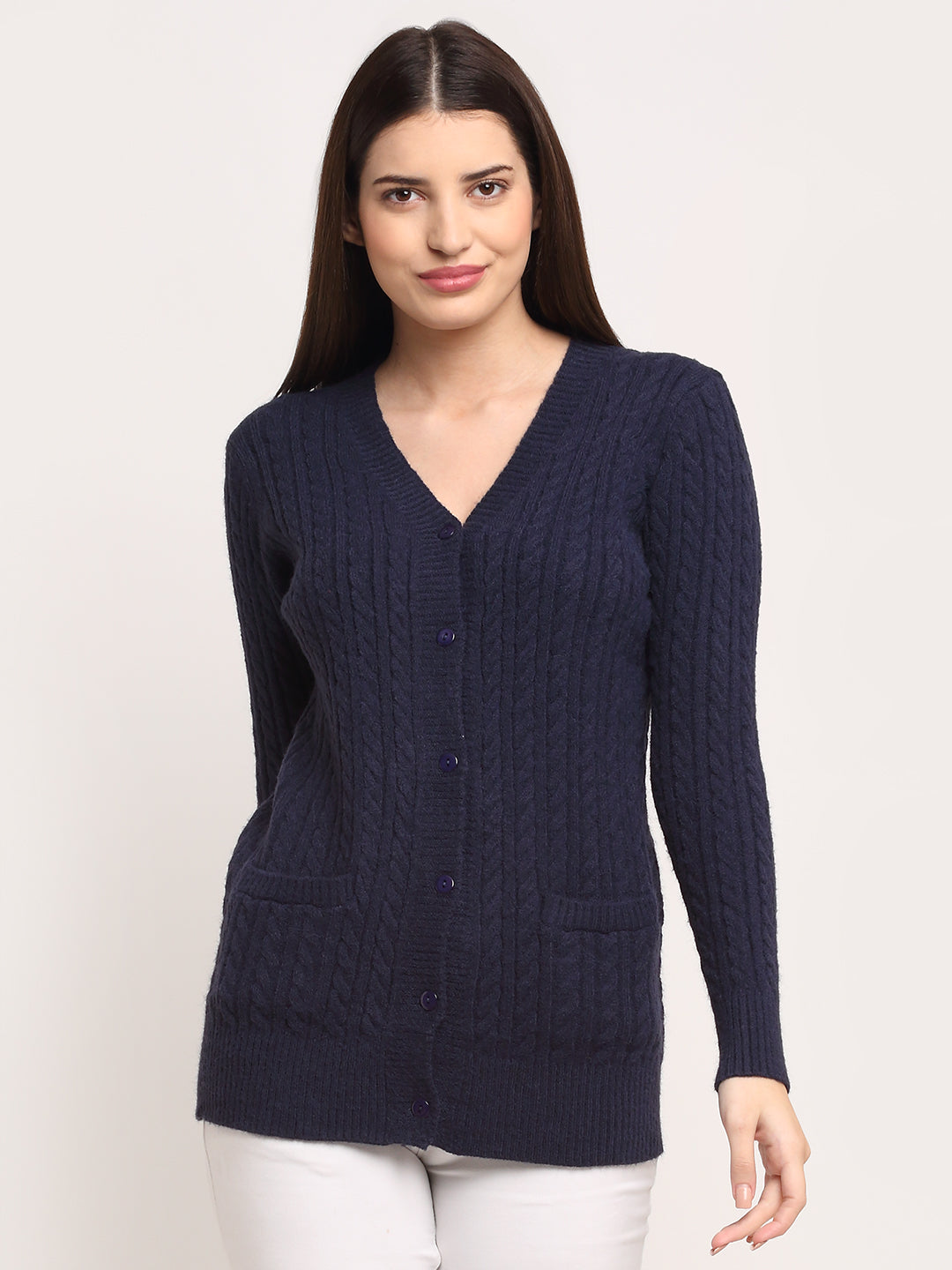 KNIT V- Neck Solid Cardigan