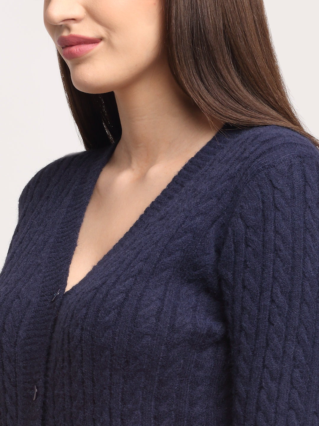 Best Navy Blue KNIT V- Neck Solid Cardigan