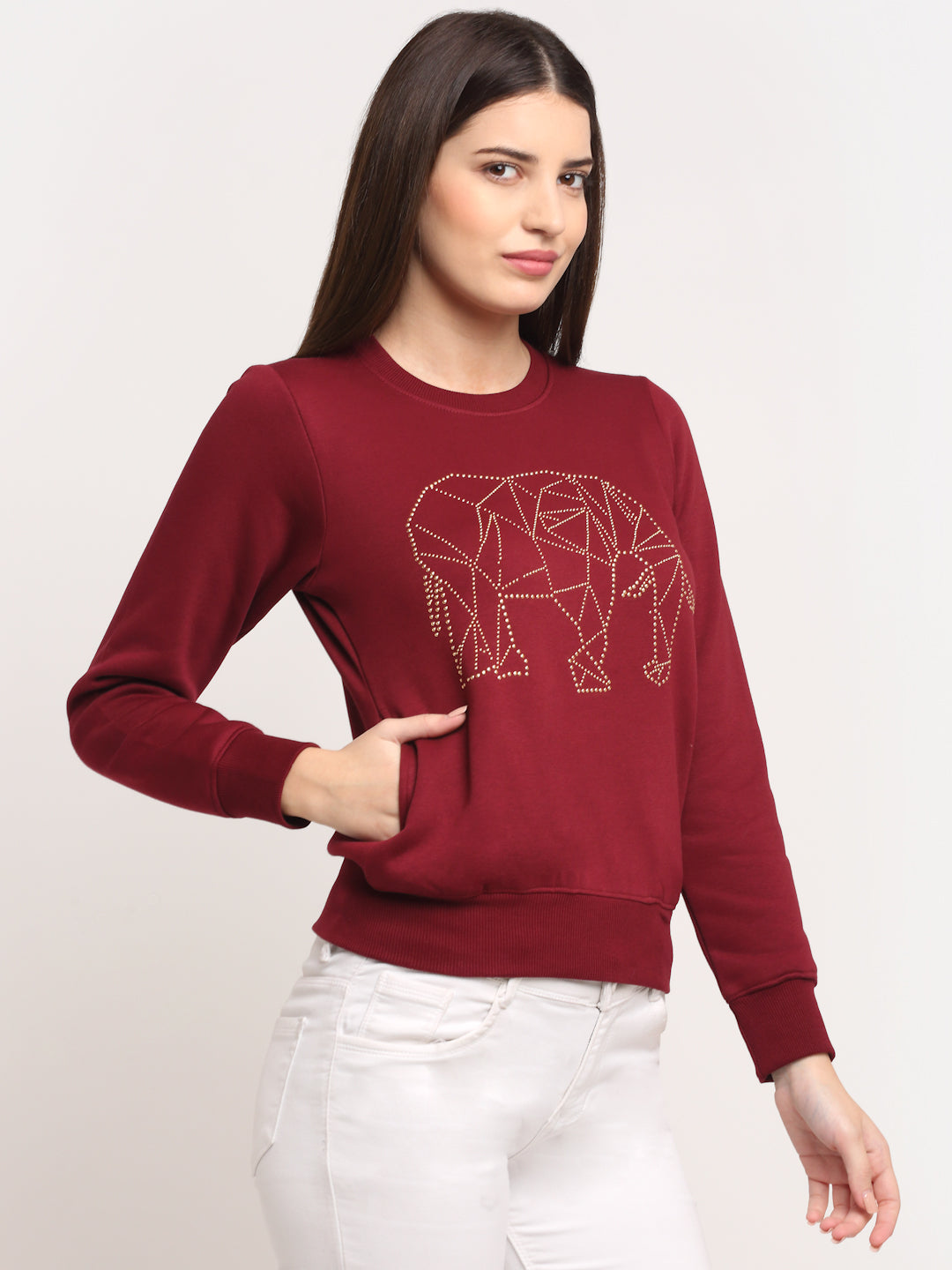Women Maroon Hosiery Solid Sweatshirt
