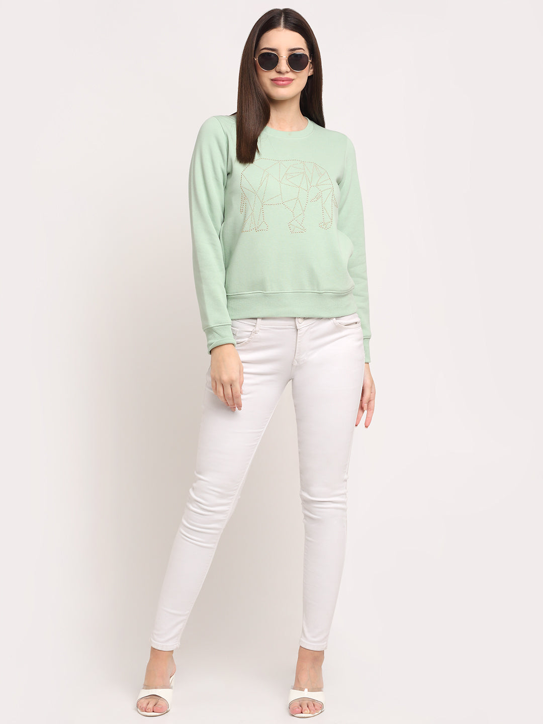 Women Green Hosiery Solid Sweatshirt