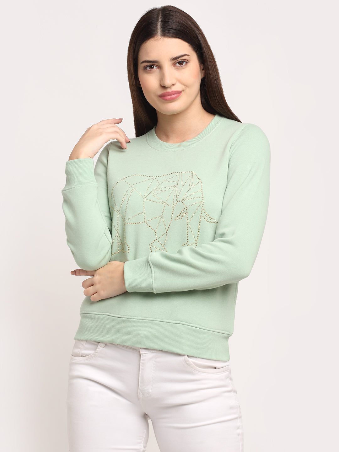 Women Green Hosiery Solid Sweatshirt