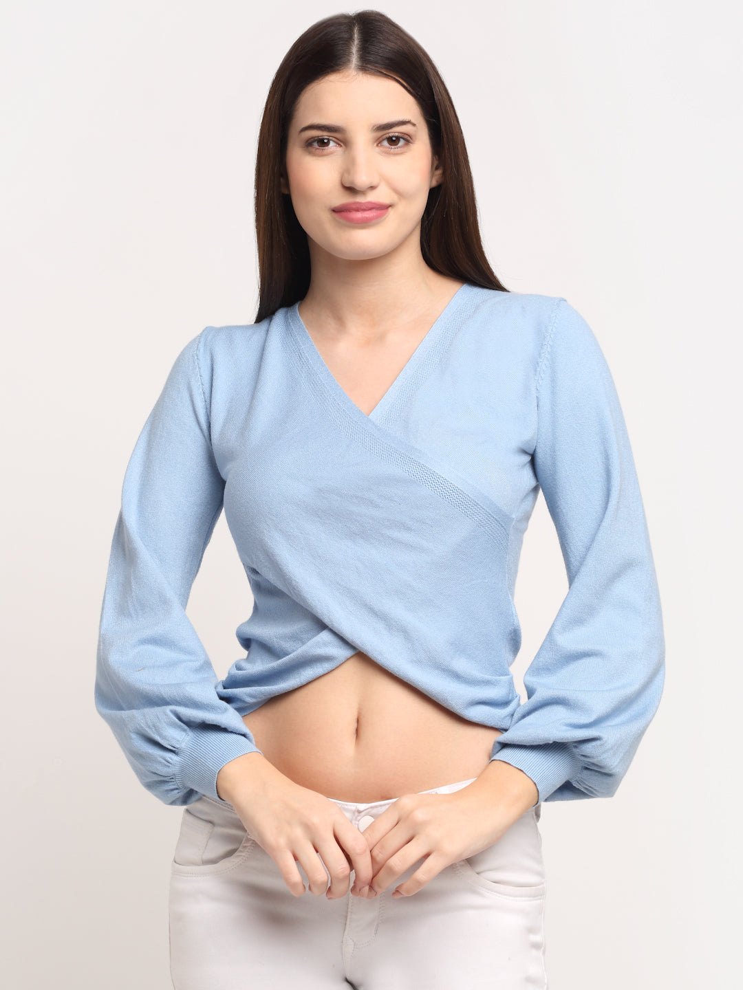 Women Sky Blue KNIT V- Neck Solid Pullover