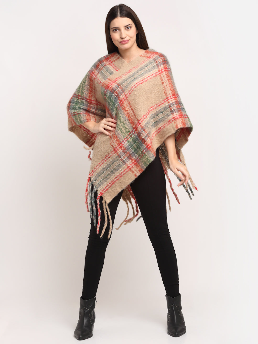 Women Pink Polyester Checked Ponchu
