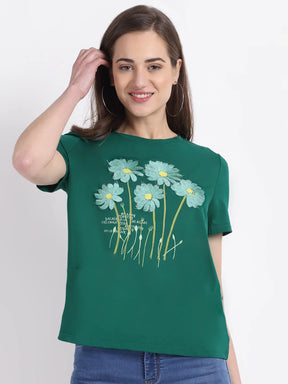 women round neck hosiery solid green t shirt