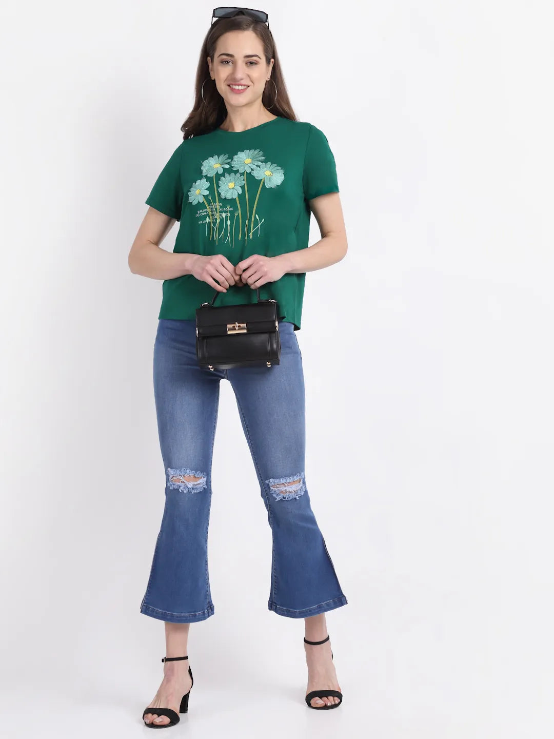 women round neck hosiery solid green t shirt