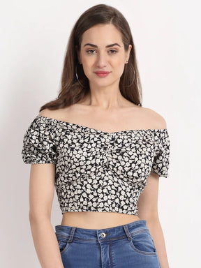 Women Off Shoulder Rayon Printed Fancy Cropped Blouson Top