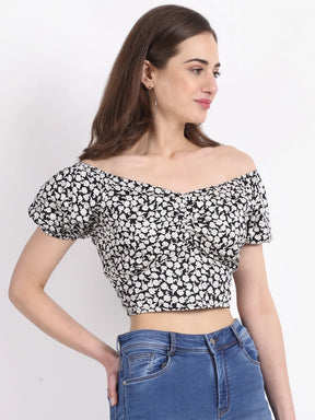 Women Off Shoulder Rayon Printed Fancy Cropped Blouson Top