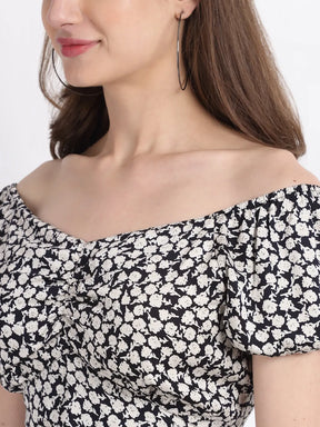 Women Off Shoulder Rayon Printed Fancy Cropped Blouson Top