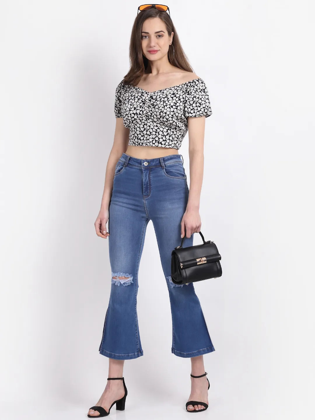 Women Bell-Bottom Cropped Length Distressed Blue Jeans - Global Republic