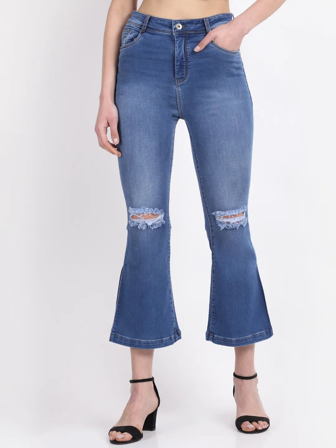 Women Bell-Bottom Cropped Length Distressed Blue Jeans - Global Republic
