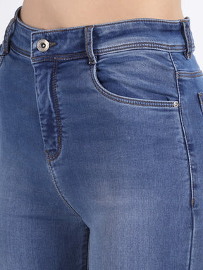 women blue bell bottom cropped length jeans