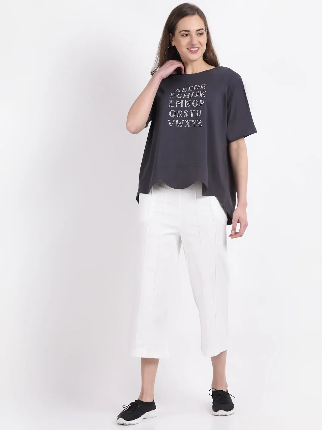 Women Round Neck Grey Printed Asymmetric Top - Global Republic