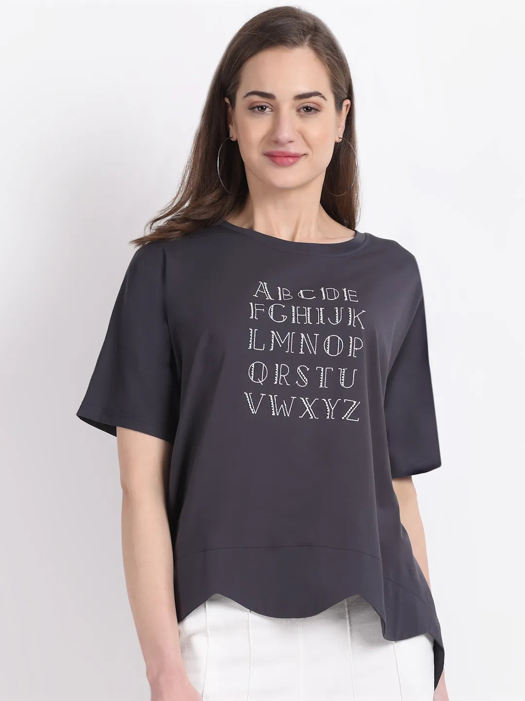 Women Round Neck Grey Printed Asymmetric Top - Global Republic