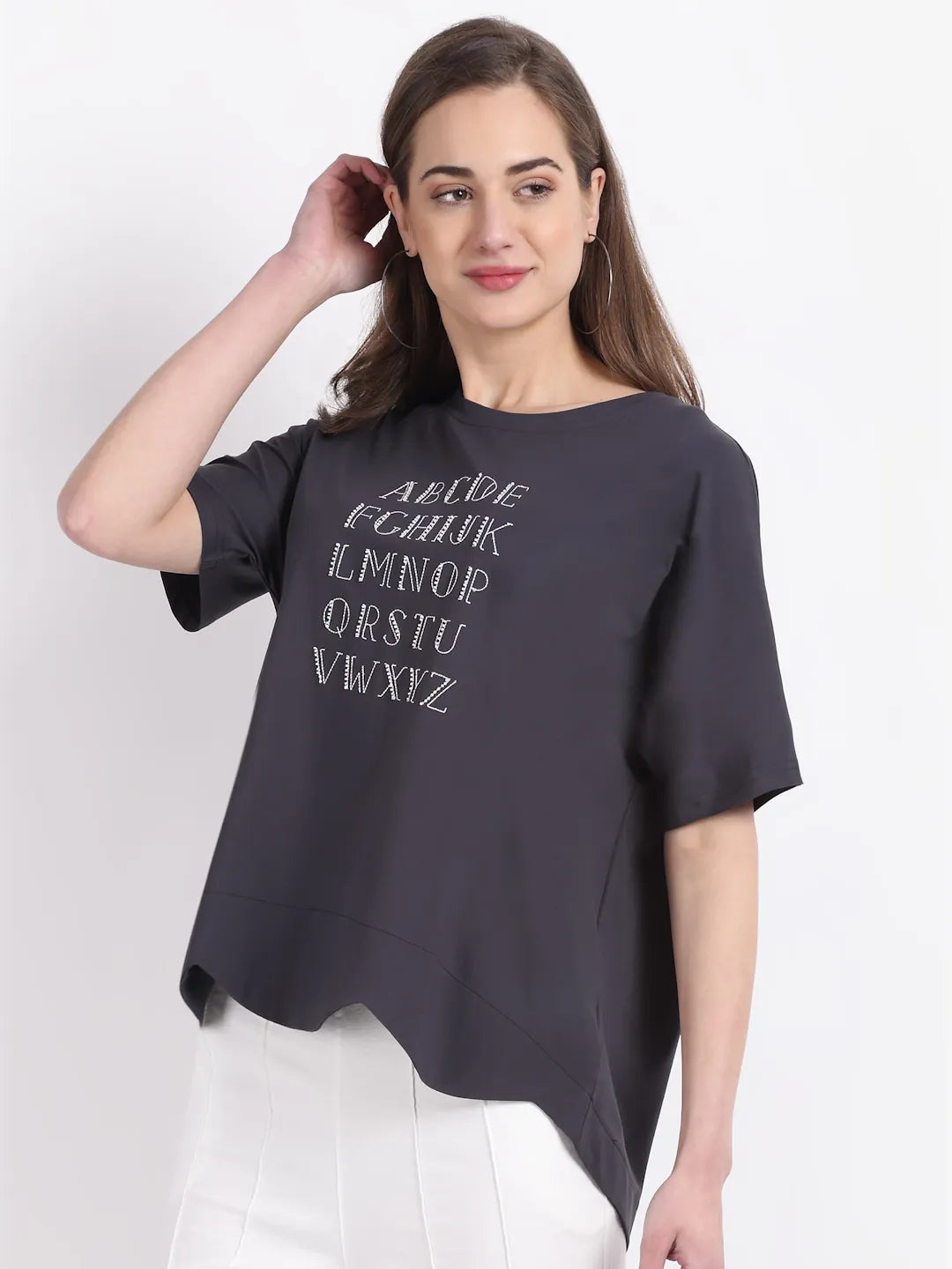 Women Round Neck Grey Printed Asymmetric Top - Global Republic