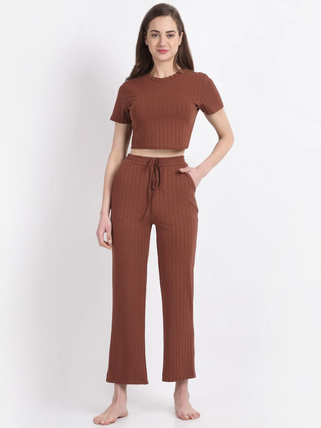 Brown Cotton Solid Nightsuit - Global Republic