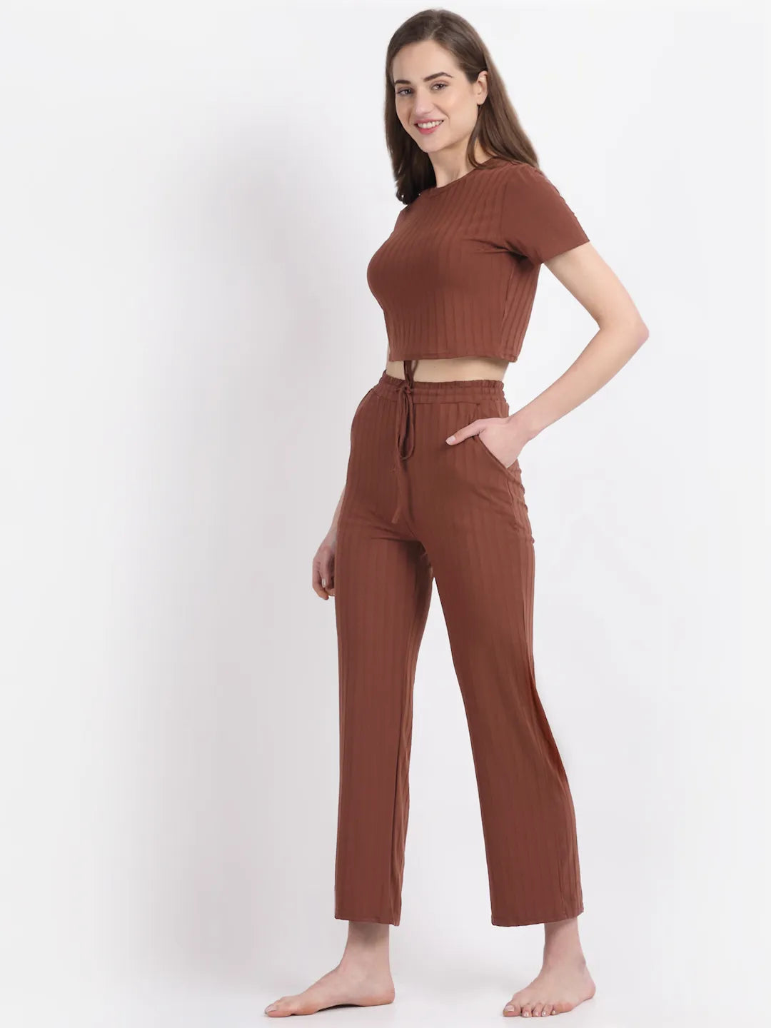 Women Brown Cotton Night Suit and Loungewear (Top and Lower)