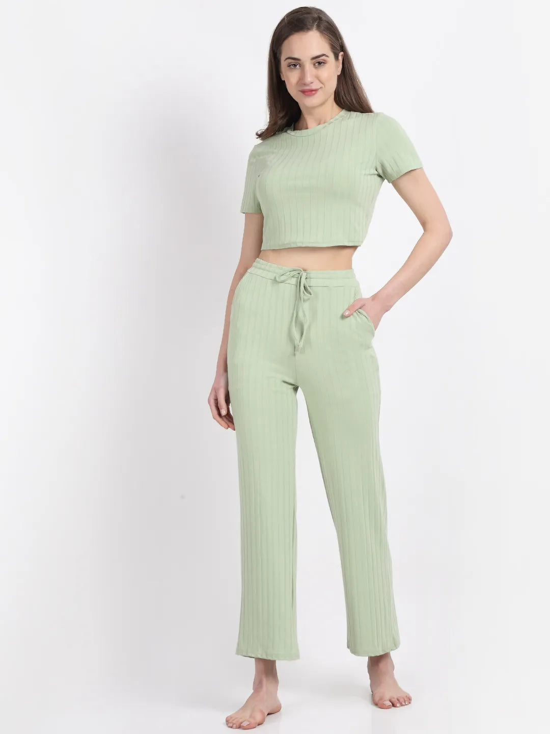 Women Solid Green Night Suit and Loungewear (Top and Lower)