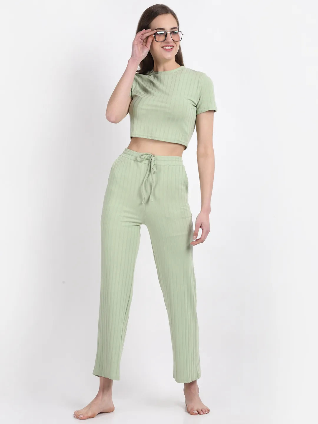 Women Solid Green Night Suit and Loungewear (Top and Lower)