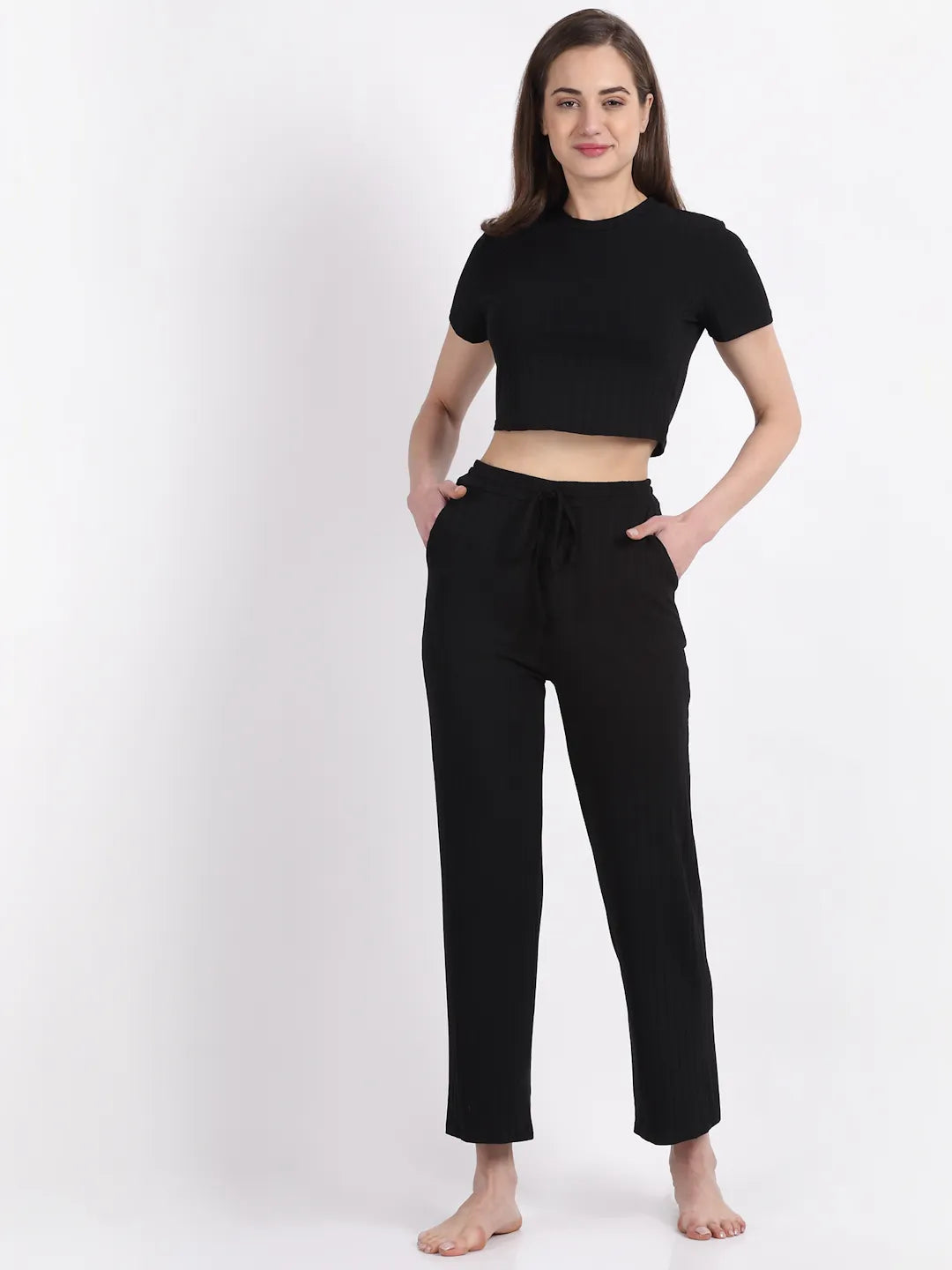 Black Cotton Solid Nightsuit - Global Republic