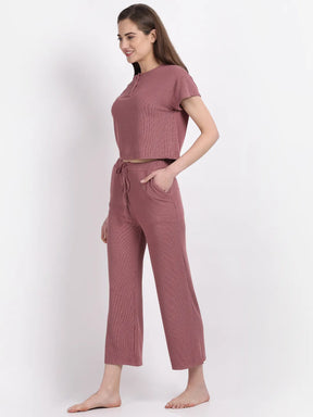 Women Pink Round Neck Solid Night Suit