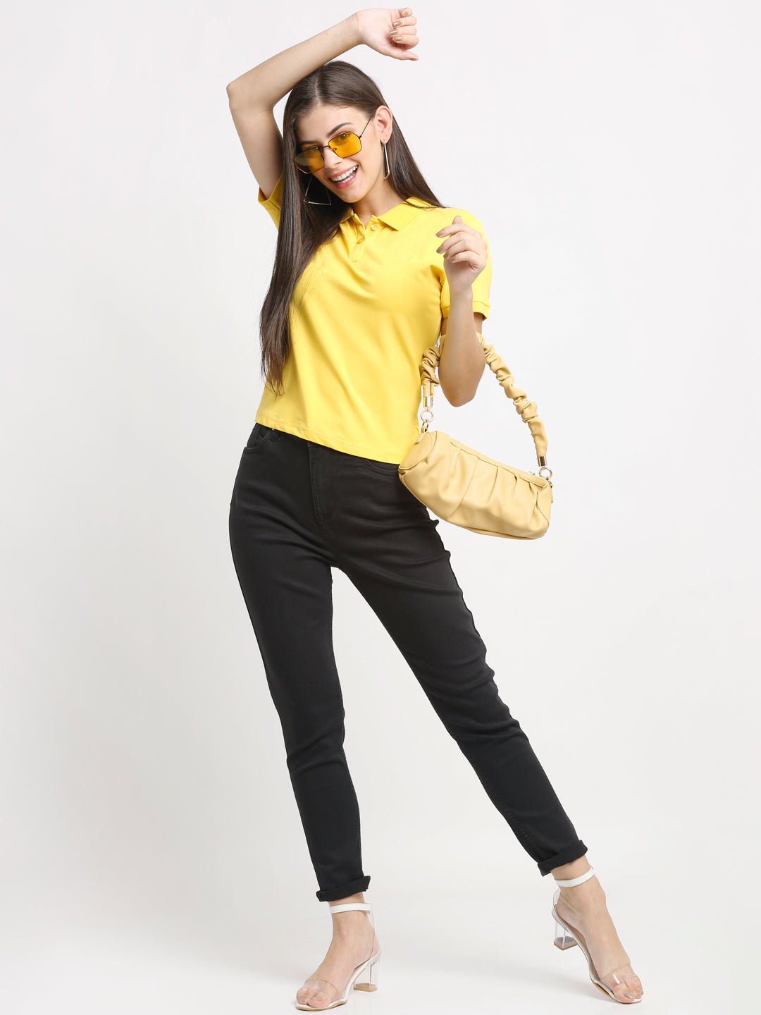 Women Polo Neck Yellow T-Shirt