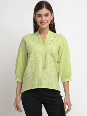 Women Green Schiffli V- Neck Mandarin Collar Cotton Top