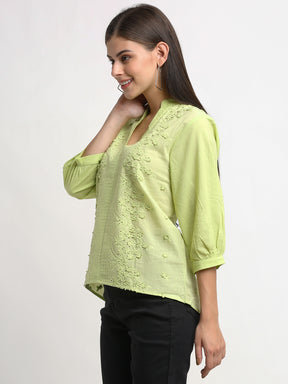Women Green Schiffli V- Neck Mandarin Collar Cotton Top