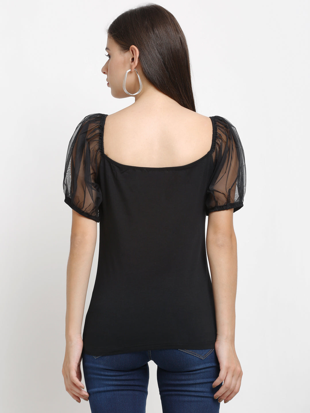 Women Slim-Fit Puffed Illusion Sleeves Black Top